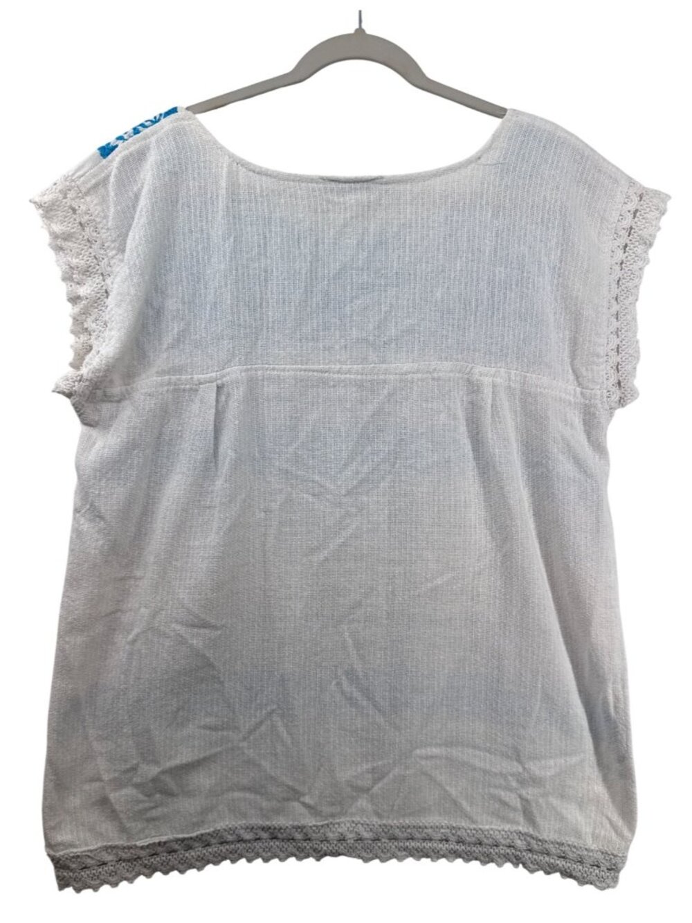 Nativa Womens Top Sz L White Turquoise Embroidered Boho Peasant Handmade Oaxacan - Picture 2 of 11